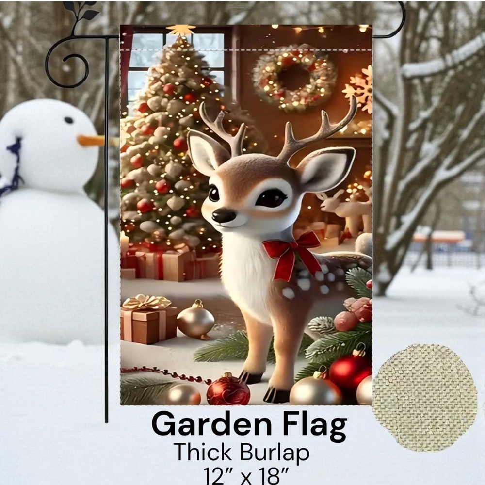 Garden Flag, 12”x18”, Christmas Reindeer, Thick Burlap Polyester Double-Sided